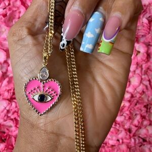 Fashion Nova Gold-Tone Pink Heart Eye Pendant Necklace